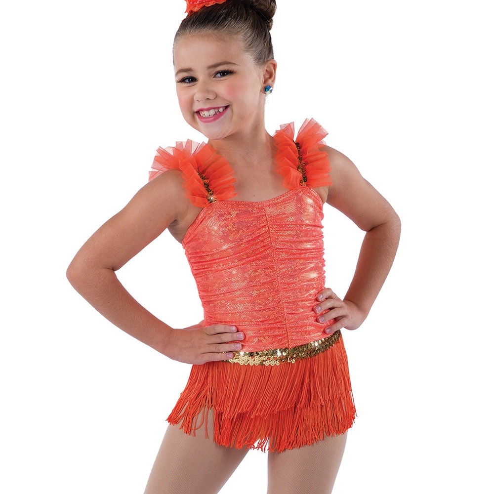 Vibrant Orange Kids Dance Costume with Fringe Halloween